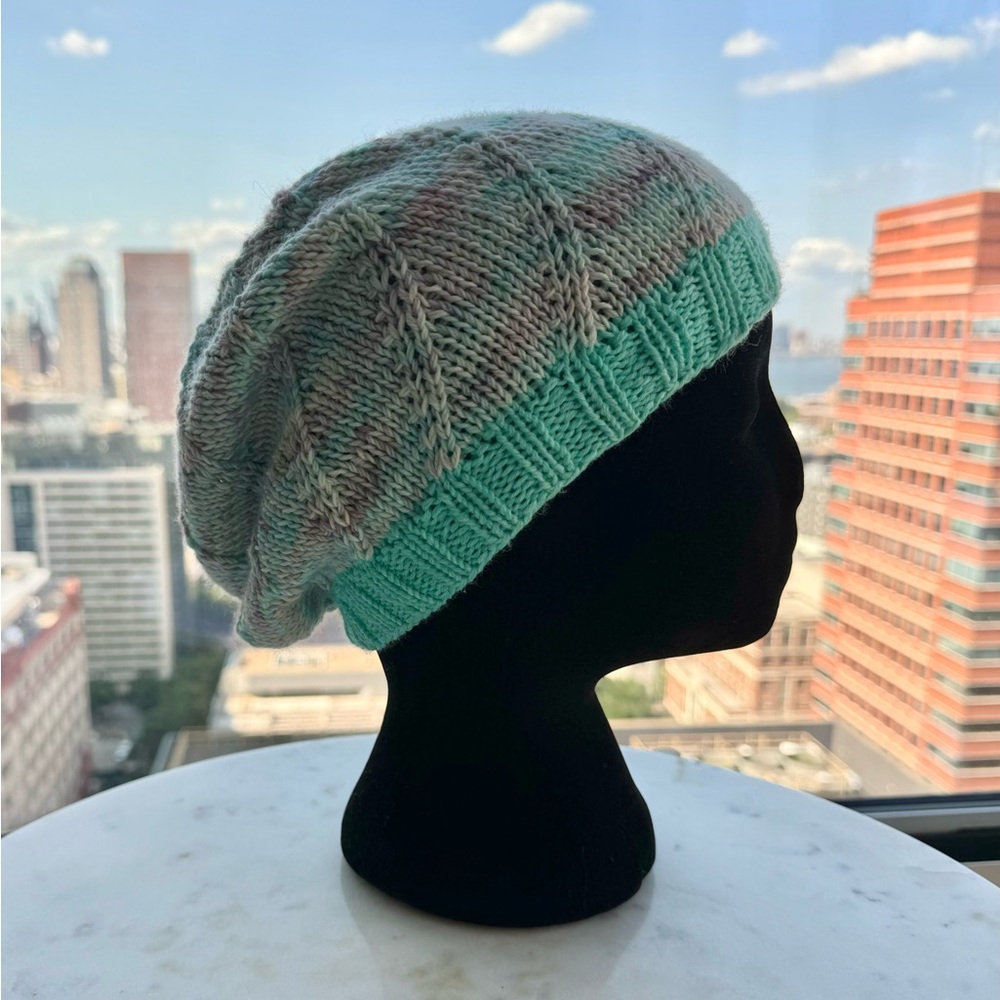Handcrafted Knit Spiral Slouchy Beanie - Teal Marled